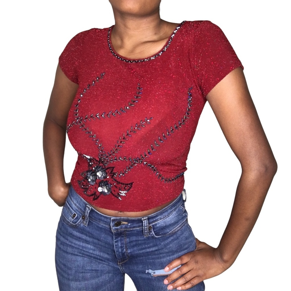 Vintage Gucci Authentic Beaded Mesh Red Blouse